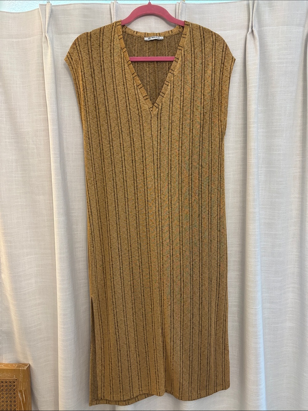Zara Ribbed V-Neck Midi Dress in Taupe/Black Stripe, Small